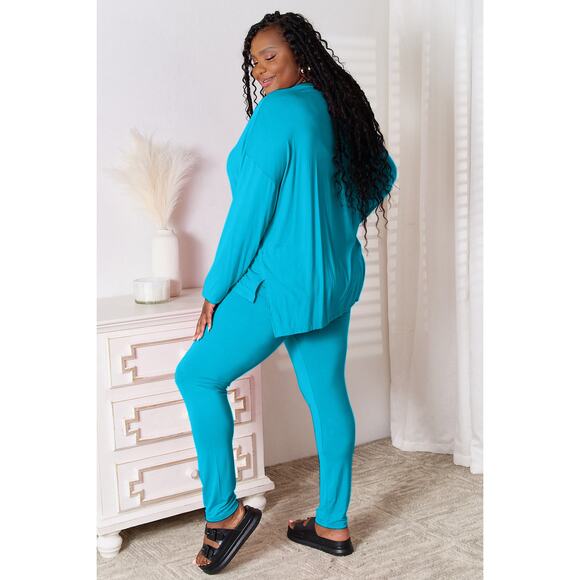 BASIC BAE Plus Sky Blue V-Neck Soft Rayon Long Sleeve Top Pants Lounge Set NEW - Picture 2 of 5